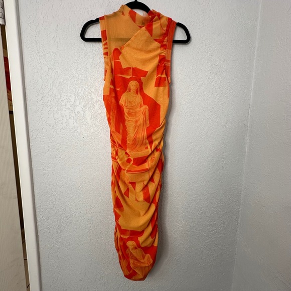 Miaou Orange Graphic Print Ruched Mock Neck Sleeveless Midi Dress Size S - Picture 4 of 6